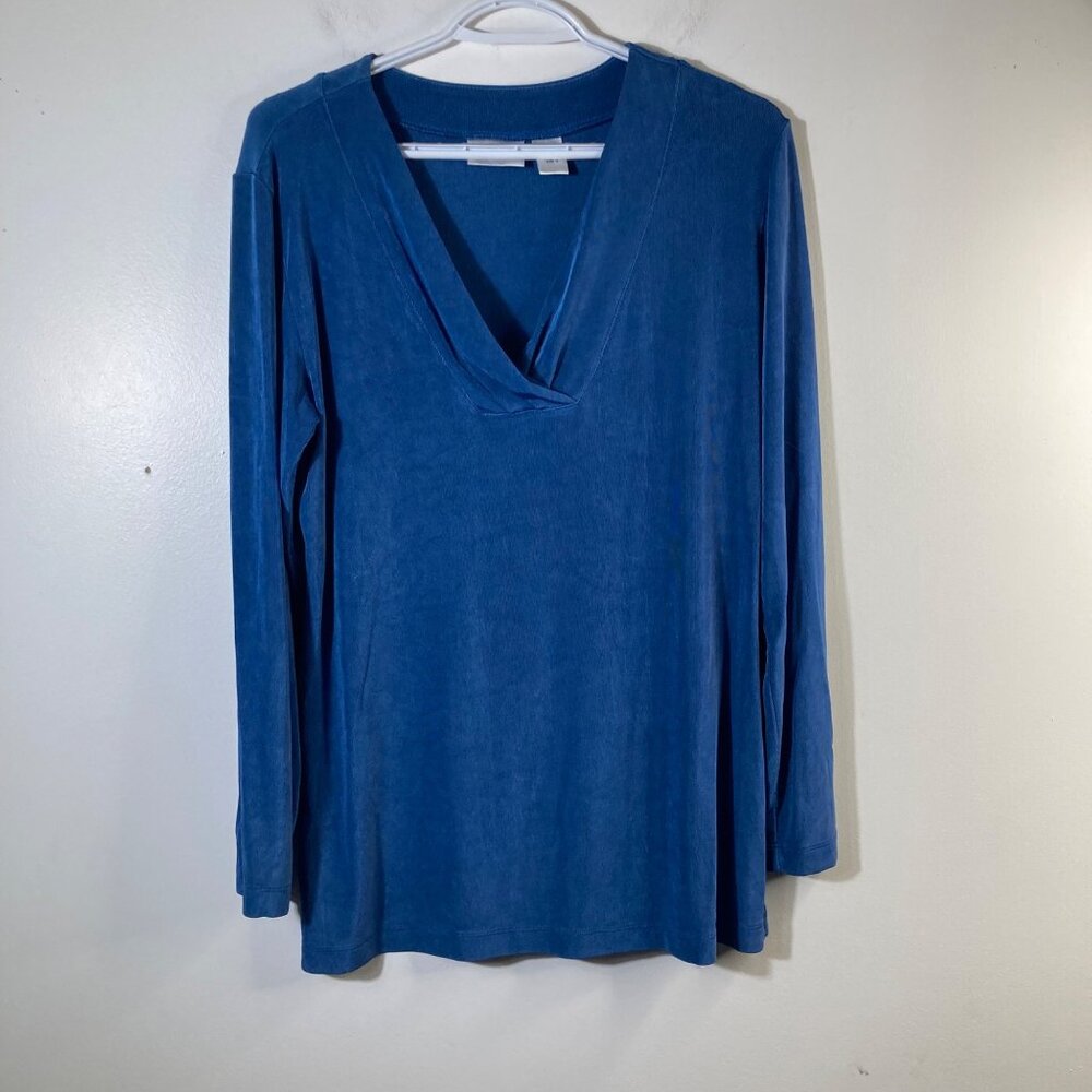 Womens Chicos Travelers V Neck Long Sleeve Top Slinky Blue L‎ Acetate Spandex
